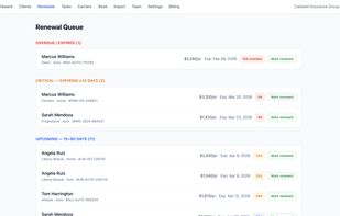 Color-coded renewal tracking so no policy lapses