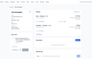 Full client profile with policies, documents, and activity history