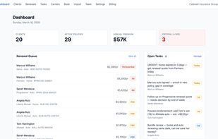 Agency overview with key stats, upcoming renewals, open tasks, and recent activity