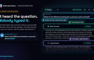 Experience real-time AI interview assistance without typing a single word. When an interviewer asks a question aloud—such as the difference between a process and a thread—the AI Interview Copilot instantly detects it & generates both a concise Short Answer and Long Answer on screen. Built for Mac users, this feature ensures you have immediate, accurate talking points ready during interviews