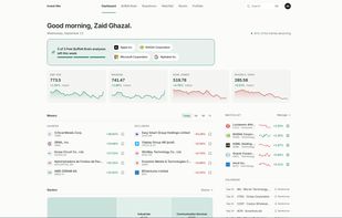 Personal dashboard with watchlist performance, recent activity, and quick stock screens.