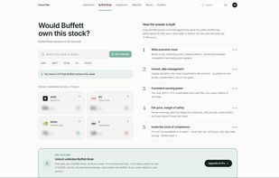 Buffett Brain verdict page with framework scoring and a comparison table for any individual stock.