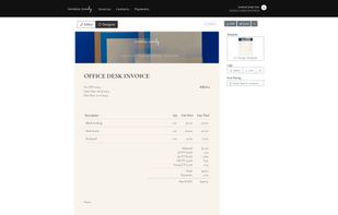 When an invoice is in design mode, the user can edit the template used, and will see a preview of the invoice. They can also easily save their invoice as a PDF or send it to a contact.