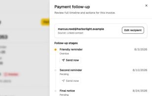 Invoice Master payment follow-up panel showing a fictional recipient, reminder stages, and state-aware actions.