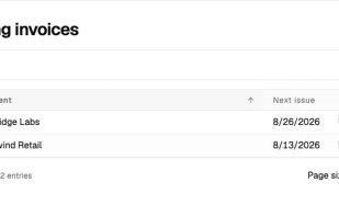 Invoice Master recurring invoice list showing fictional recipients, next issue dates, totals, filters, and pagination.