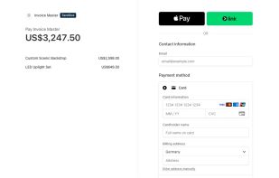 Stripe-hosted checkout for a fictional Invoice Master invoice, visibly marked as a sandbox.