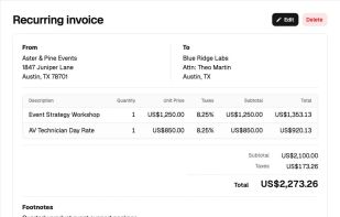 Invoice Master recurring invoice schedule showing fictional parties, line items, a three-month cadence, and upcoming issue dates.