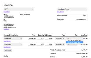 Creating an invoice is a breeze with a click-through tools that allow you to create elements (services, prices, taxes) on the fly.