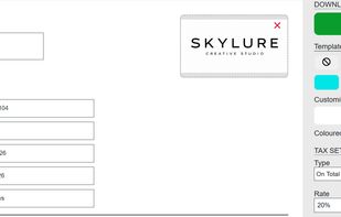 Invoice builder with editable invoice details, logo upload, tax settings, date formats, and currency selection.
