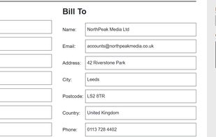 Enter business and customer details including contact information, addresses, and billing information.