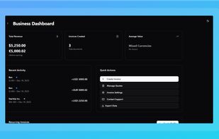 A powerful, clean dashboard to manage your freelance business. Track your total revenue across multiple currencies, monitor recent activity, and access quick actions like creating invoices or quotes in one click.