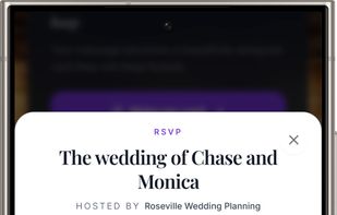 Guests RSVP directly on a premium Invyt wedding website, confirming attendance, names and details from one shareable link with no app to download.