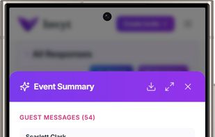 Invyt event dashboard with a live RSVP summary, guest messages, a real time countdown and a one tap downloadable, printable PDF guest list for caterers and venues.