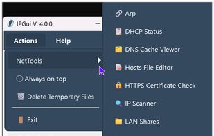 The NetTools submenu and all it's functions shown.