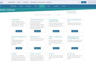 Tax pros search or browse every major IRS notice type — from Audit Reconsideration and OIC to CNC, FTA, and Installment Agreements — and get plain-language guidance on each, so they can identify the right resolution path for any client situation without leaving the platform.