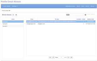 Main user interface for existing aliases. Click on "Save" will create a new virtual file and execute postmap Postfix command.