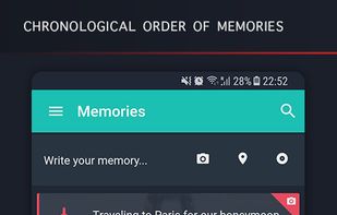 List of memories in chronological order. The first memory added will be shown on top. You memory information will be shown depending on what you have added in your memory. So if memory has a location or a jar or a picture, it will show on the list preview. 