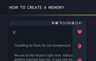 In create page, you get to favorite your memory which is shown by the icon "heart", you can add your current location or a location that was used previously, pick an icon from 348 different icons, choose a color from 24 different colors, pick a date and time. You can also get an image from gallery, take a picture directly or pick an image from the internet (unsplash)