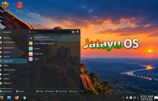 JatayuOS desktop with the application menu open.