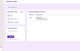 Detailed subscriber profile view containing custom fields and individual contact history.
