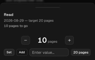 Tapping a day on an amount habit opens this panel. Set replaces the day's amount, Add puts one on top of it.