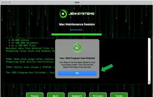 MAC version step 4: When JENI finishes, you’ll see a confirmation. A Summary Folder—HTML report, error log, and console log—is saved to Downloads. Click OK to open it and review exactly what was cleaned, overwritten, and verified during the session.
