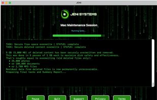 MAC version step 3: JENI runs a full maintenance session, averaging ~5 minutes. You’ll see live updates as it securely overwrites free space and removes deleted data. Example: 5 GB permanently erased. Multiple overwrite passes maximize safety. Progress messages show the cleanup scale.