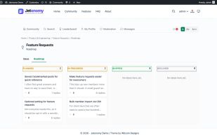 Ideas board and roadmap
Members upvote feature requests; you set status badges (Planned, In progress, Shipped) and close the loop.