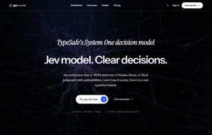 JevModel homepage with structured decision workbench and usage information.
