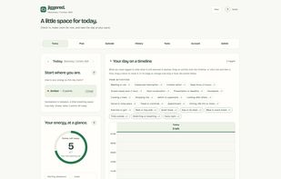 Your day on a timeline: logged activities are solid, planned ones are dashed.