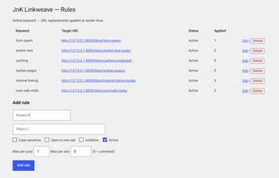 Auto-linking rules — map a keyword to a URL once and it applies site-wide, with per-post and per-site caps, case sensitivity, and new-tab / nofollow flags.