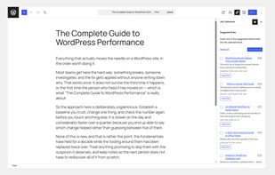 The editor sidebar — internal link suggestions for the post you are writing, ranked on your own server, with the matched terms shown and one-click insertion.