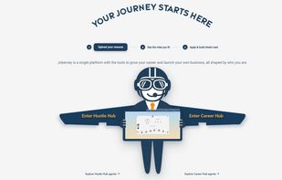 Joberney landing page showing the platform’s two connected paths: "Career Hub" for career growth and "Hustle Hub" for building side hustles and business ideas, both powered by the user’s professional profile.
