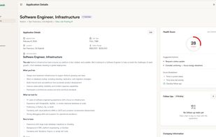 Application status page showing the health score, job overview, company data, linked contacts, and interview schedule