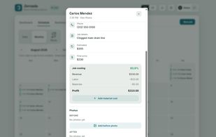 Job costing and profit per visit, with one-tap invoice and receipt.