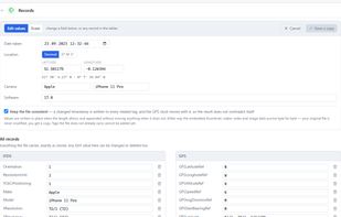Editing metadata: guided fields for date, coordinates (decimal or
degrees/minutes/seconds) and camera, above the full raw EXIF tables. Values are
written in place, so pixels, thumbnail and maker notes survive byte for byte.