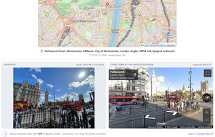 Place: GPS coordinates from EXIF on a map with a reverse-geocoded address, and
the photo beside a Street View panorama at the same spot, turned to the camera
bearing the phone recorded.