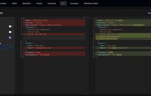Compare two JSON documents side by side with color-coded highlighting that instantly shows additions, modifications, and deletions. The diff tool offers customizable options like word wrap and syntax highlighting to make differences easily noticeable