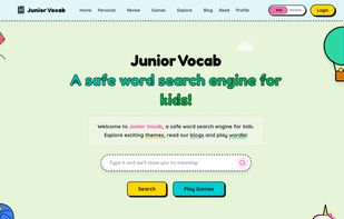 JuniorVocab home page: a safe word search and dictionary built for kids ages 4–11.