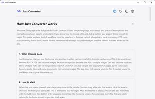 Just Converter help guide screen explaining how the app works step by step.