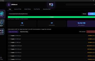 Inside a duplicate group: K8 marks one copy to keep and the rest to remove, with full file paths and dates so you can see exactly what's what.