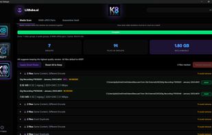  A duplicate video group expanded — K8 flags the best-quality copy to keep and the re-encoded near-duplicate you can safely remove