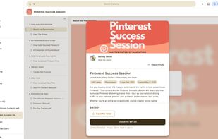 A paid hub,Pinterest Success Session by Kelsey Vetter, with a file list, preview, and unlock for $97.