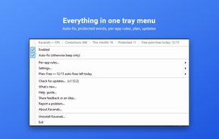 Everything in one tray menu: auto-fix on/off, per-app rules, protected words, learned words, plan and updates.