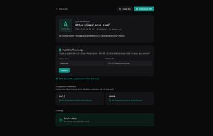 Live app scan of a URL with no repo access and no signup: 11 checks covering TLS, security headers, cookies, CORS and exposed files, graded and shareable as a PDF or link.