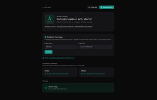 Code scan report: one A-F posture grade, compliance readiness for SOC 2 and HIPAA control areas, and a Trust page you can publish at a public URL to send buyers who ask "is
  your app secure?