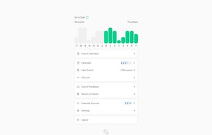 The primary dashboard view that allows users to view how many events they have over a 15-day period, as well as manage their account and calendars.