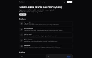 Keeper's landing page showcasing its core features: calendar aggregation, event anonymization, iCal feed export, push syncing, and self-hosting support.?