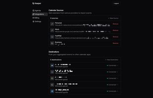 
The integrations panel where users manage calendar sources (e.g. iCloud, Google Calendar, FastMail) and destinations to push synced events to, with live connection status and event counts.