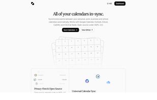 Keeper's landing page showcasing its core features: calendar aggregation, event anonymization, iCal feed export, push syncing, and self-hosting support.?